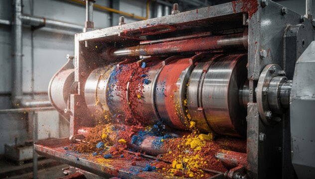 Medium shot showcasing the intense mechanical grinding of dried pigments inside a highenergy pigment mill emphasizing uniform consistency and industrial process details.