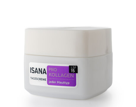  March 20, 2026, Tbilisi, Georgia Isana Pro-Kollagen Performance Tagescreme LSF 15 Day Face Cream on White Background