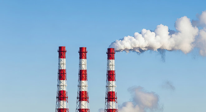 Three red and white industrial chimneys emitting white smoke against a clear blue sky