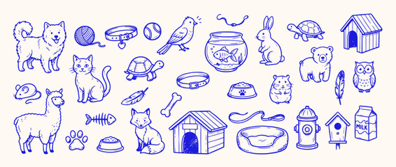 Fototapeta premium Adorable Pets and Accessories: A delightful collection of pet illustrations, featuring various animals and their essential accessories, perfect for pet-related projects and designs.