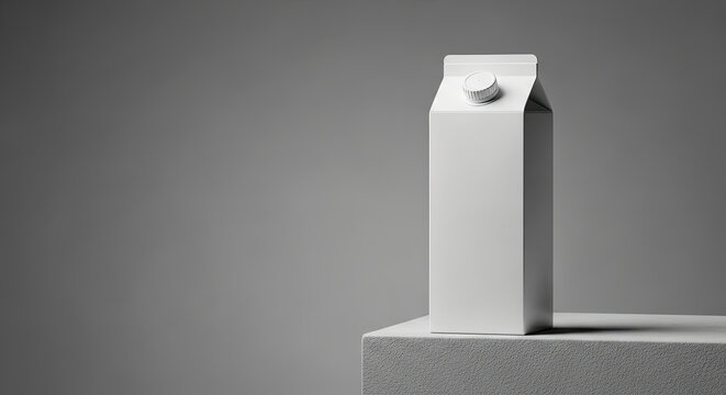 White carton package with screw cap for milk or juice isolated on a grey studio background with soft lighting