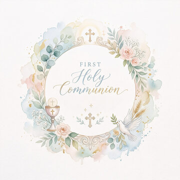 First holy communion wreath, elegant floral watercolor frame