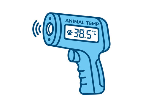A blue digital infrared thermometer reads 38.5 degrees Celsius on its screen.