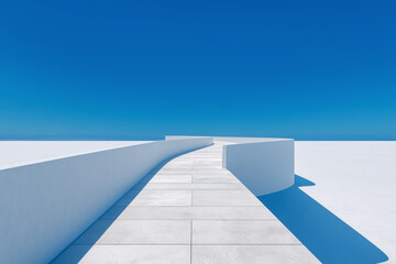 Fototapeta premium Minimalist architectural scene featuring a white curved walkway under a clear blue sky. Modern abstract exterior with geometric walls, sharp shadows, and vast open perspective