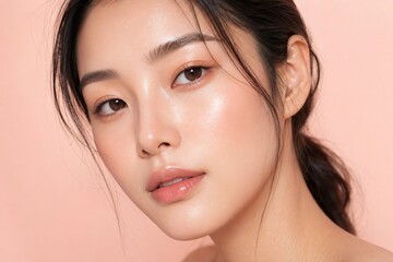 Fototapeta premium Young Asian woman with flawless glowing skin applying makeup, natural beauty closeup portrait in soft pink lighting, skincare and cosmetics lifestyle concept, fresh and youthful appearance