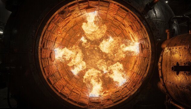 Medium shot of a hightemperature hydrocarbon pyrolysis reactor interior glowing bright with intense flames and durable refractory lining during fullscale industrial operation.