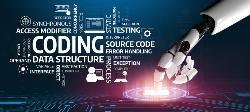Futuristic Robotic Hand Interacting with Digital Coding Interface Illustrating Software Development Concepts and Programming Terms in a High-Tech Environment. Tessel.