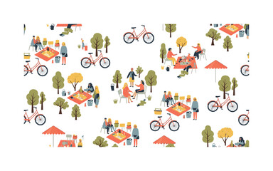 Fototapeta premium Outdoor social activities, seamless pattern, repeating pattern, surface design, textile print, charming composition of picnics, bicycles, parks, friends