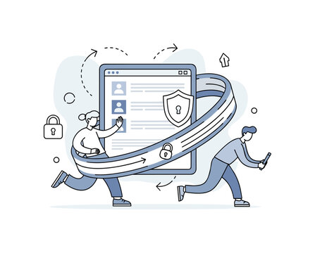 Social media data protection. One central device displays a feed, with lock icons and security layers wrapping around it. Subtle arrows and dots suggest