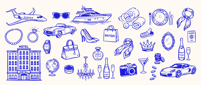 Luxurious Lifestyle: A collection of meticulously drawn illustrations showcasing the opulent elements of a high-end lifestyle, each symbol embodying the essence of elegance and indulgence.