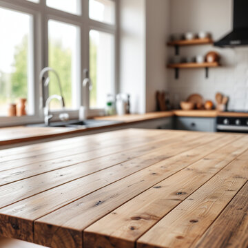 An empty rustic wooden table top in sharp focus, blurred background of a bright modern kitchen, soft natural window light, perfect for product placement or food mockup, photoreal