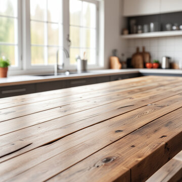 An empty rustic wooden table top in sharp focus, blurred background of a bright modern kitchen, soft natural window light, perfect for product placement or food mockup, photoreal