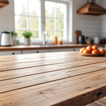 An empty rustic wooden table top in sharp focus, blurred background of a bright modern kitchen, soft natural window light, perfect for product placement or food mockup, photoreal