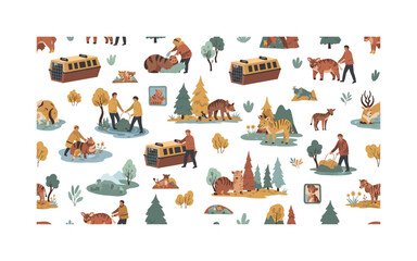 Fototapeta premium Species reintroduction programs, seamless pattern, repeating pattern, surface design, textile print, cozy arrangement of animals being released into nature,