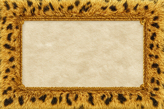 Luxury leopard print fur frame with golden braided border on textured paper background. Wild animal skin pattern border for safari, fashion, or glamour design concepts