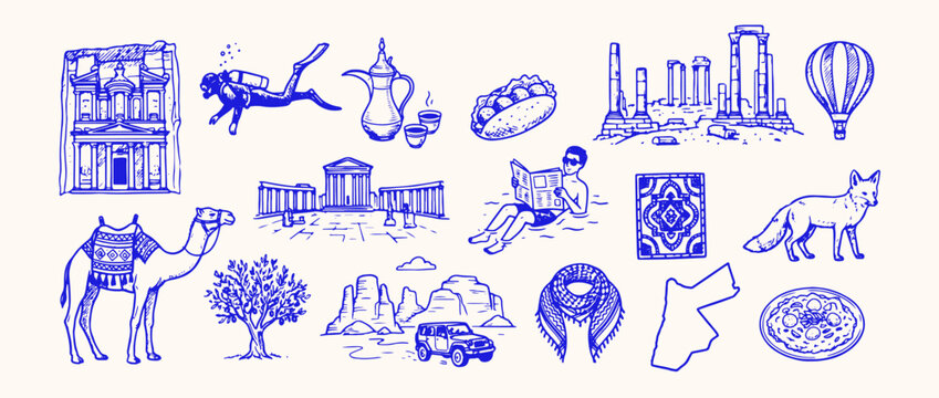 Jordanian Journey: A captivating illustration showcases a collection of iconic Jordanian symbols and landmarks. From historical sites to cultural elements, offering a visual narrative of the kingdom.