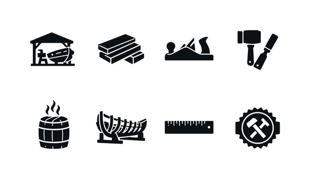 Traditional boat building. Filled icon set of Traditional boat building: boat workshop, wooden planks, hand