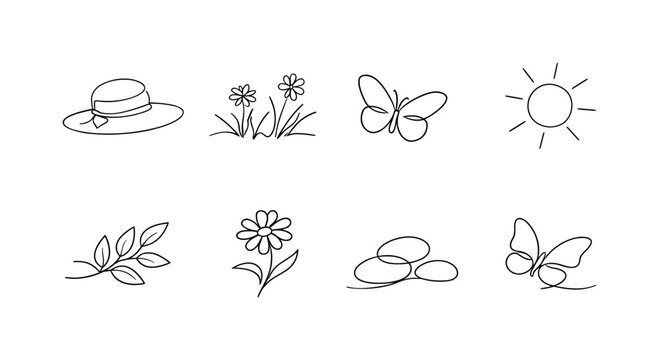 SPRING HAT IN FLOWER FIELD. Minimalistic set one-line drawing straw hat, grass, wildflowers, daisy, butterfly,