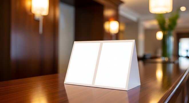 Blank white menu card or table tent standing on a wooden restaurant table with blurred background showing warm lighting and elegant decor