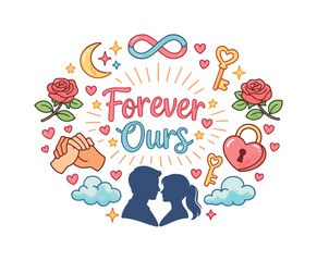 Fototapeta premium Forever Ours. Hand drawn illustration of Forever Ours. infinity heart, clasped hands, couple silhouettes,