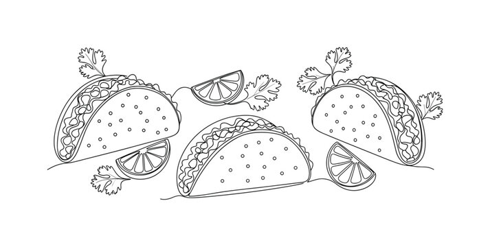 "Taco serving". Minimalistic one-line drawing trio of tacos with garnish of lime wedges and leafy cilantro in balanced composition, continuous single black