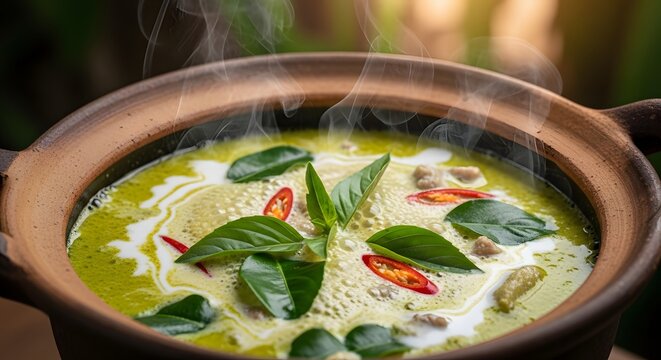 Kaeng Khiao Wan (Thai Green Curry) with Basil Leaves and Red Chili in Rustic Clay Pot
