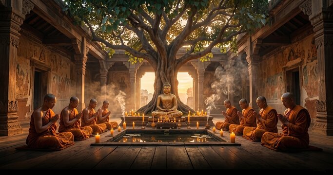 Buddhist Monks Praying in Temple Hall Around Buddha Statue