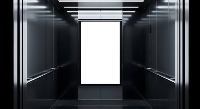 Modern elevator interior with blank white sign in the center surrounded by sleek metallic walls and reflective surfaces creating a futuristic atmosphere with empty space