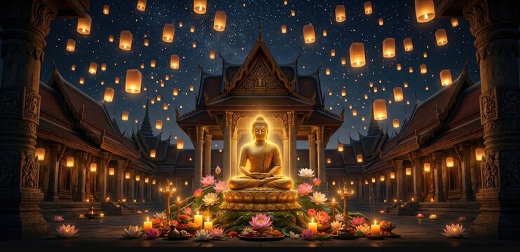 Buddhist Temple Celebration with Floating Lanterns and Buddha