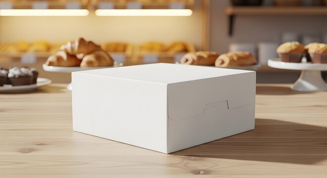 White bakery box mockup on wooden table with pastries and desserts in the background ideal for food packaging design and bakery advertising materials