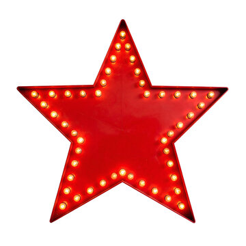 Bright red illuminated marquee star sign with glowing bulbs represents fame excitement and retro cinema decoration&nbsp;