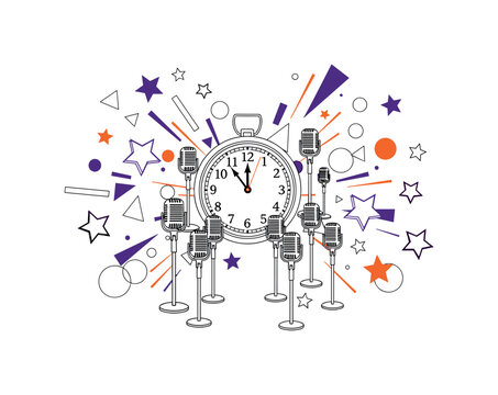 A symbolic New Year celebration scene with a clock striking midnight, surrounded by microphones, stars, and abstract geometric shapes, monochrome elements with