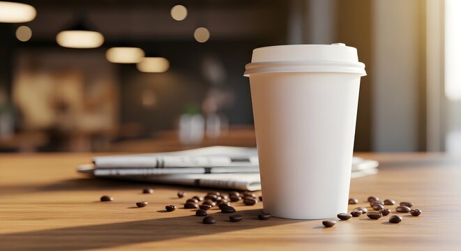 White disposable coffee cup with lid on wooden table surrounded by coffee beans and newspapers in a cozy coffee shop atmosphere