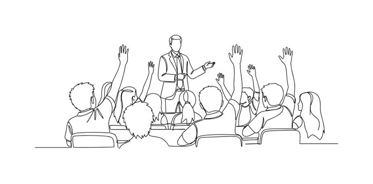"Education Interaction Scene". Minimalistic one-line drawing a teacher and students with raised hands creating a dynamic classroom interaction composition,