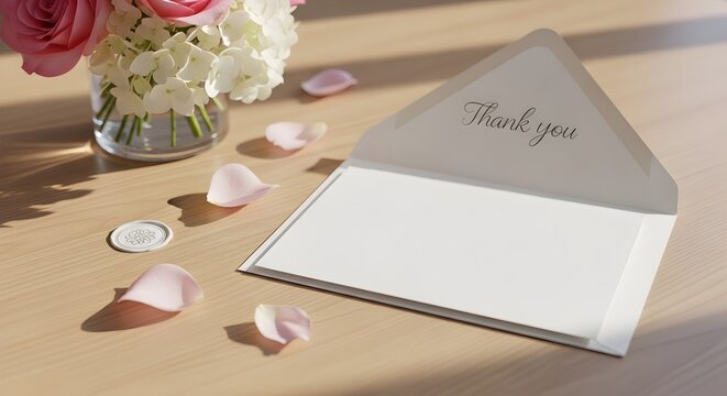 White thank you card with blank inside on wooden table next to vase with pink roses and white hydrangeas surrounded by rose petals and wax seal