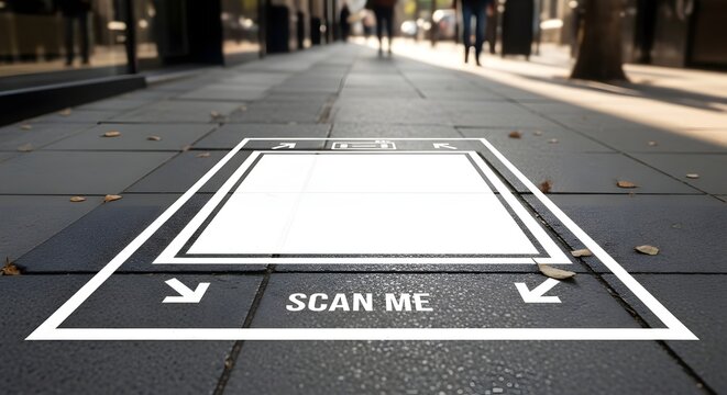 White QR code mockup on city sidewalk with scan me text and arrows surrounded by fallen leaves and blurred pedestrians in the background