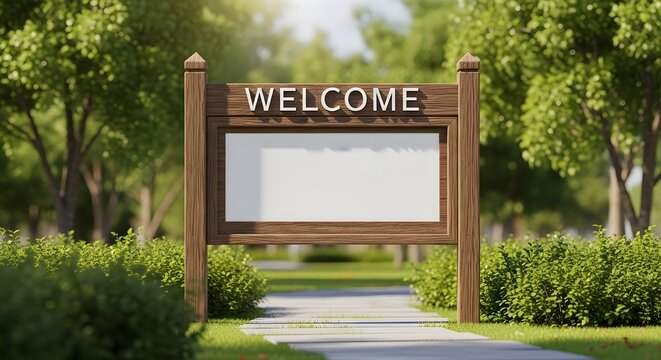 Wooden welcome sign with blank white board in a lush green park with trees and pathway perfect for hospitality and tourism advertising