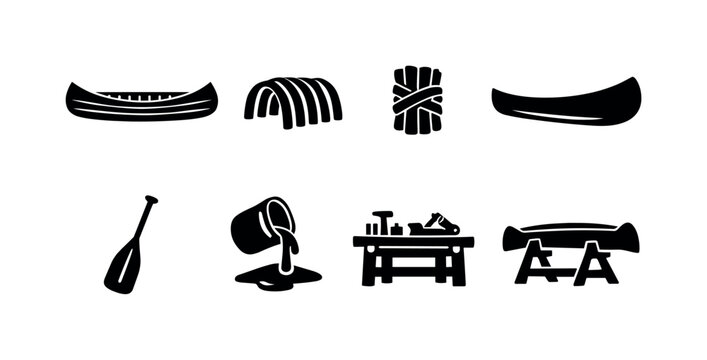 Wooden canoe craftsmanship. Filled icon set of Wooden canoe craftsmanship: cedar strip canoe, bentwood ribs,