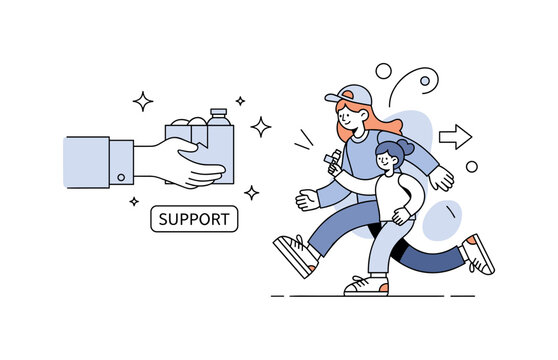 Humanitarian support scene. A single helping hand passing a supply package is the focal point, symbolizing aid and compassion. Subtle sparkles and a ?SUPPORT?