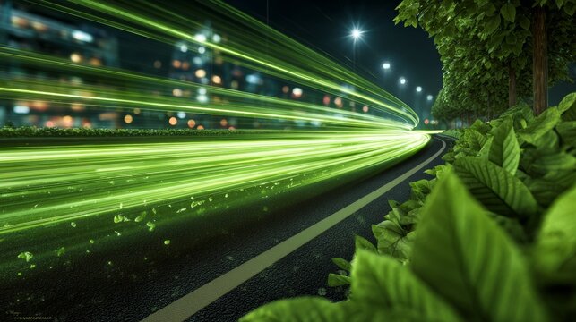 Bright green lights move fast along an empty road at night with city buildings in the distance