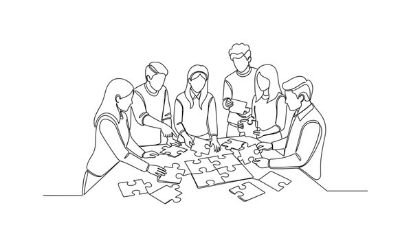 "Team Puzzle Solving". Minimalistic one-line drawing a group of students assembling puzzle pieces together in a collaborative scene, continuous single black