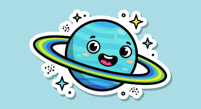 A cartoon planet with a happy face and a ring.