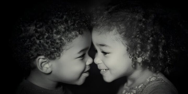 Two adorable toddlers lovingly touching foreheads and smiling softly at each other in a tender moment of affection and connection.