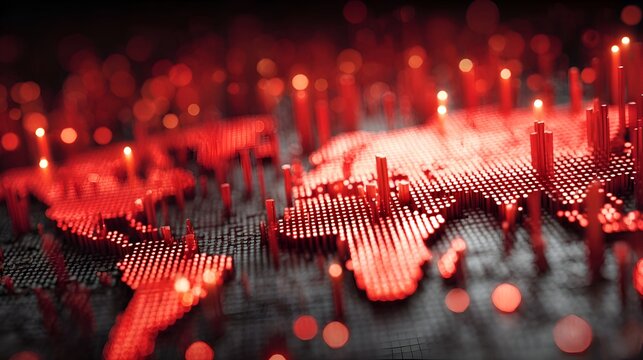 Global spread represented by glowing red 3D bars emerging from a dark world map showing interconnected network and geographic data analysis.