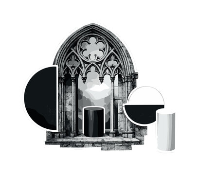 Conceptual Victorian gothic window composition with intricate stone tracery and mullions, black and white