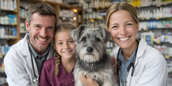 A friendly veterinary team poses with a cute dog and a smiling young girl inside a well stocked animal clinic with shelves of medication.