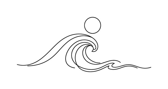 Wave and Light. Minimalistic one-line drawing stylized ocean wave paired with a simple circular sun above,