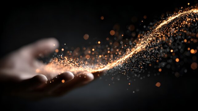 Hand reaching toward sparkling golden light particles flowing in a curving stream against a dark background creating a magical surreal effect.
