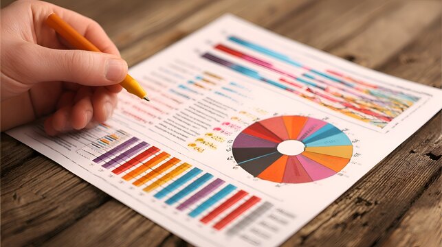 Analyzing colorful charts and graphs on paper with a pen showing data analysis and financial insights on rustic wooden table background.