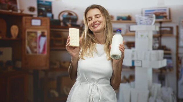 Woman smiles holding white chocolate bar and sealed milk bottle with hands shown amid wooden shelves and product displays in studio; simple joy.